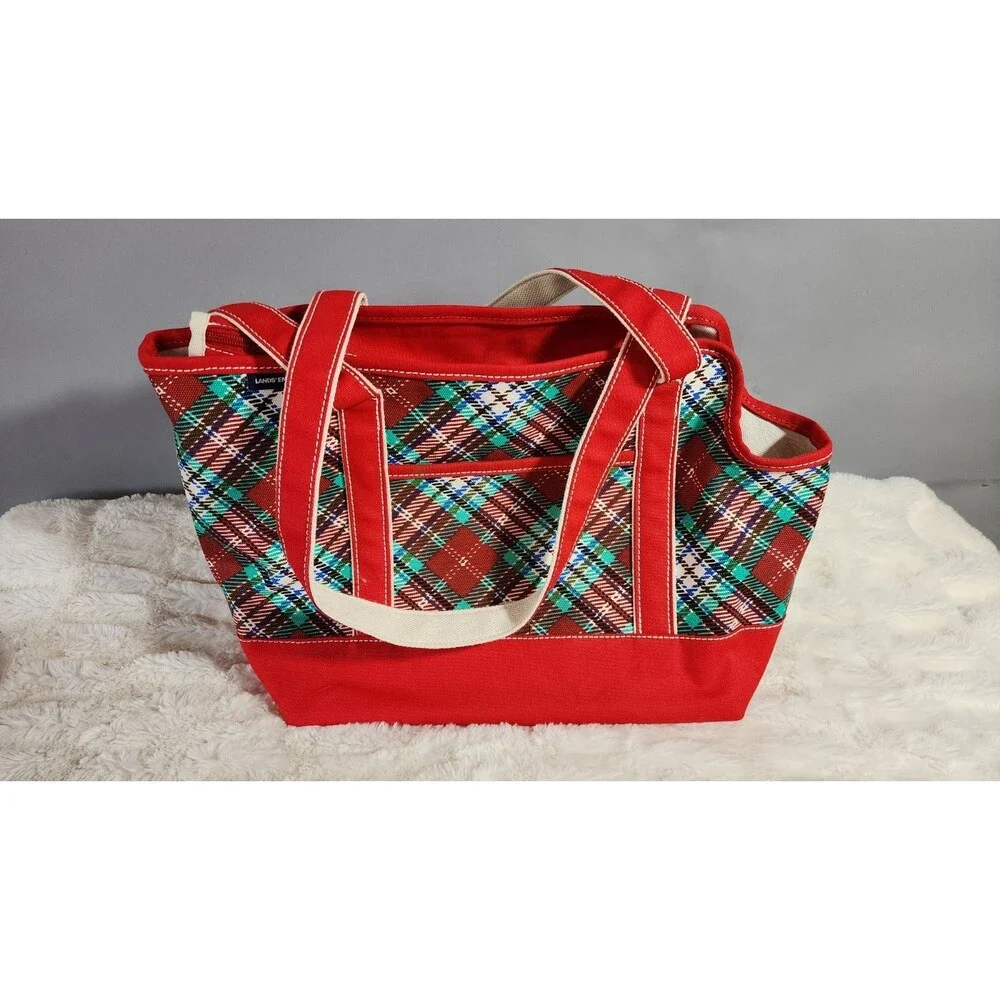 Lands’ End Zip-Top Red/Green Plaid Canvas Dog Tote Carrier Bag 100% Cotton